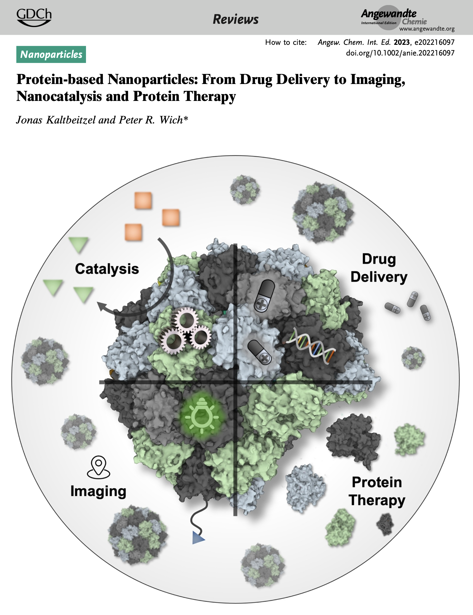 Protein-based Nanoparticles: From Drug Delivery to Imaging, Nanocatalysis and Protein Therapy J. Kaltbeitzel, P. R. Wich Angew. Chem. Int. Ed. 2023, e202216097 (DOI: 10.1002/anie.202216097)